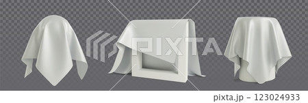 3d covered objects under white cloth drapery 123024933