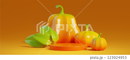 Circular podium surrounded by pumpkins and leaves 123024953