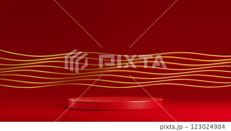 Cylinder red product podium with gold wave 123024984