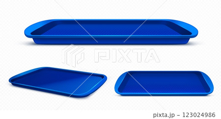 Blue rectangle plastic lunch tray side view mockup 123024986