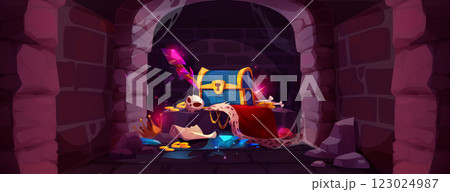 Royal treasure pile in medieval castle dungeon. 123024987