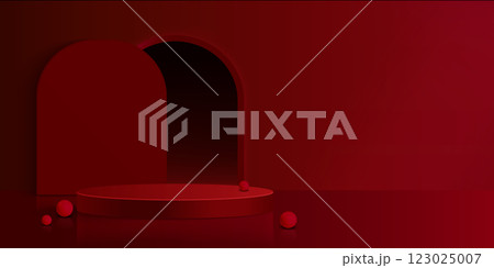 Minimalist circular podium in red studio interior 123025007