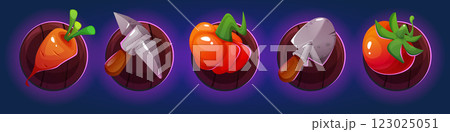 Farm game vegetable and tool icons set Farm game vegetable and tool icons set 123025051