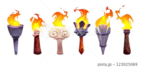 Medieval torch flame. Ancient fire stick cartoon Medieval torch flame. Ancient fire stick cartoon 123025069