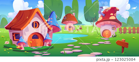 Fairy tale landscape with mushroom houses Fairy tale landscape with mushroom houses 123025084