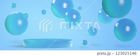 Floating blue sphere composition, circular podium 123025146