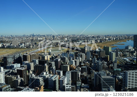 青空に映える都心の高層ビル群と川崎市街　2月川崎496川崎市役所 123025186