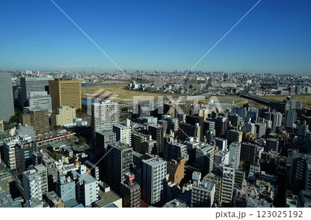 青空に映える都心の高層ビル群と川崎市街　2月川崎502川崎市役所 123025192