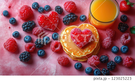 A romantic breakfast featuring fluffy pancakes topped with heart-shaped jam and surrounded by vibrant raspberries, blackberries, and blueberries, paired with a refreshing glass of orange juice. 123025223