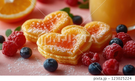 Golden heart-shaped pancakes with a dollop of orange marmalade are paired with fresh raspberries and blueberries, creating a sweet, romantic breakfast treat for Valentines Day or special mornings. 123025224