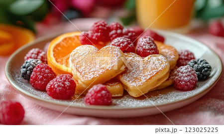 Heart shaped pancakes dusted with powdered sugar are paired with vibrant raspberries, blackberries, and orange slices, creating a romantic breakfast perfect for Valentines Day celebrations. Heart shaped pancakes dusted with powdered sugar are paired with vibrant raspberries, blackberries, and orange slices, creating a romantic breakfast perfect for Valentines Day celebrations. 123025225