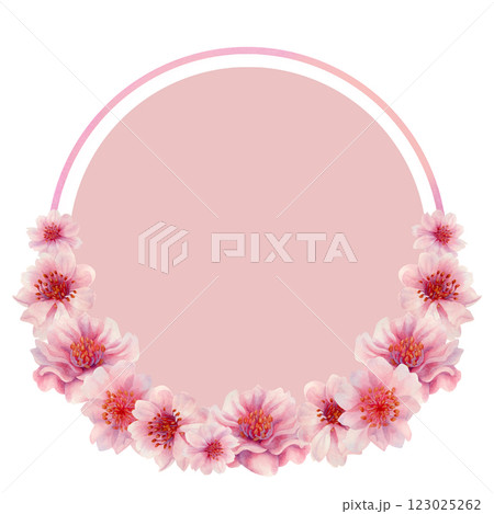 Round frame with sakura flowers with color background isolated on white. Spring blooming cherry blossom flowers for Hanami festival. Delicate shades of pink, lilac, purple petals. Watercolor template 123025262