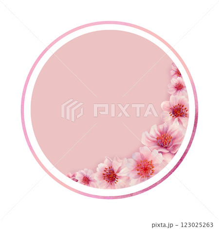 Round frame with sakura flowers with color background isolated on white. Spring blooming cherry blossom flowers for Hanami festival. Delicate shades of pink, lilac, purple petals. Watercolor template 123025263