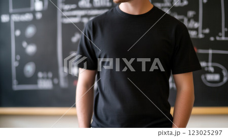 Geeky Math-Themed Apparel for Pi Day, A close-up of a person wearing a black graphic T-shirt standing in front of a chalkboard with formulas. 123025297