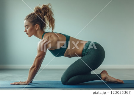 Yoga practice indoor studio fitness content contemporary space side view mindfulness and wellbeing 123025367