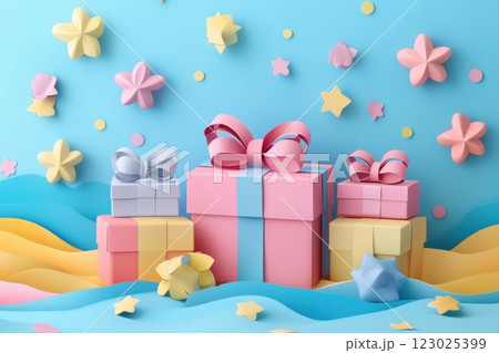Creative concept of colorful gift boxes with bows on a bright festive background 123025399