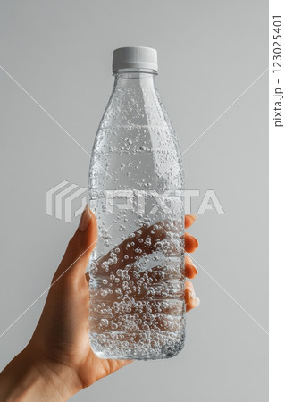 Refreshing sparkling water bottle modern kitchen setting beverage photography minimalist environment close-up view hydration concept 123025401