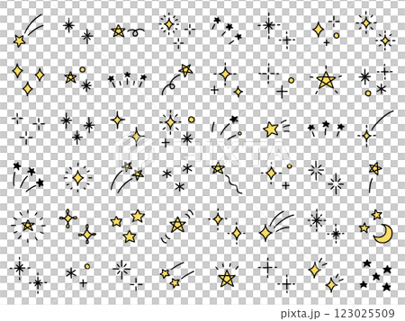 手書きのキラキラ飾りのベクターイラストセット。手描き、星、キラキラ、飾り 123025509