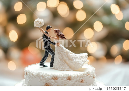 Close-up of a joyful wedding cake topper in a romantic indoor venue 123025547
