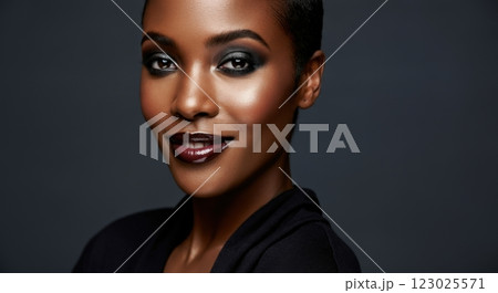 Confident african young adult female with elegant makeup against dark background 123025571
