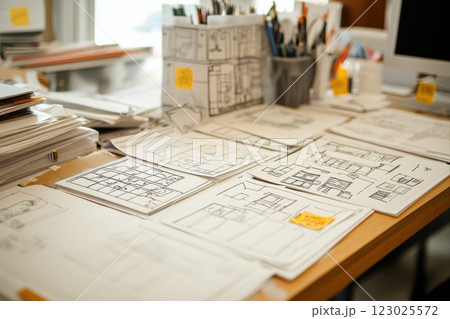 Architectural blueprints and sketches on desk office studio detailed planning creative environment overhead perspective 123025572
