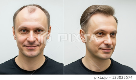 Hair transformation of adult caucasian male with rejuvenated style 123025574