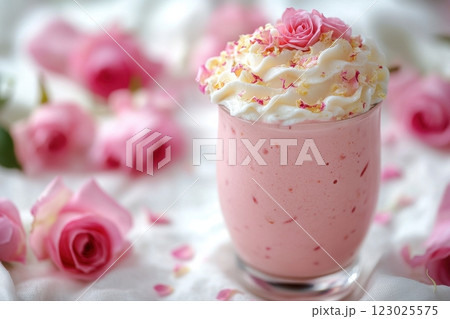 Delightful rose milkshake kitchen counter food photography soft lighting close-up indulgent treat 123025575