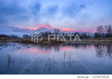 夜明けの静寂と北アルプスのモルゲンロート【御宝田遊水池】 夜明けの静寂と北アルプスのモルゲンロート【御宝田遊水池】 123025616