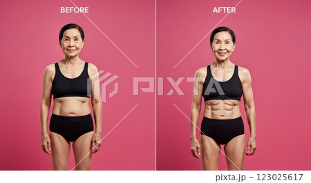 Transformation journey of mature asian female - before and after fitness progress on pink background 123025617