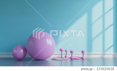 Fitness equipment arrangement in a bright home gym photo modern indoor enthusiastic health and wellness 123025618