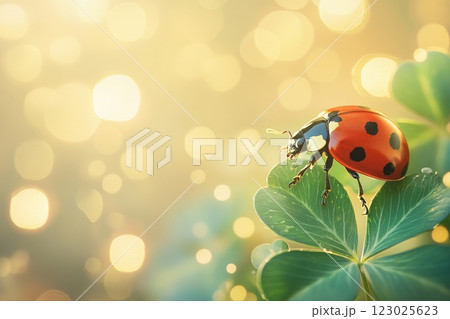 Ladybug observing nature's beauty on clover leaf garden macro photography bright atmosphere 123025623