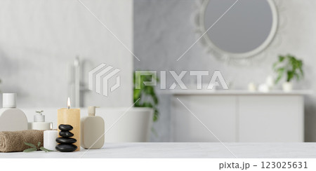 Relaxing bathroom atmosphere with candles and toiletries, 3D render illustration. Relaxing bathroom atmosphere with candles and toiletries, 3D render illustration. 123025631