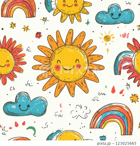 Joyful sun and rainbow patterns vibrant artwork digital illustration playful environment 123025665