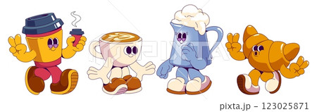 Groovy coffee character mascots set Groovy coffee character mascots set 123025871