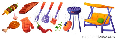 BBQ and grill cartoon set BBQ and grill cartoon set 123025875