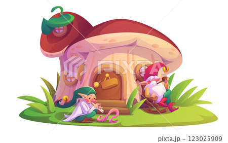 Garden gnome mushroom house for cartoon fairytale 123025909