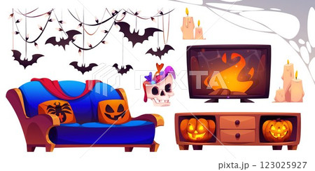 Halloween themed living room interior set Halloween themed living room interior set 123025927