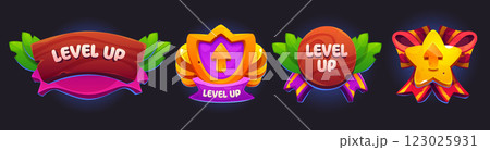 Bright game ui badges with Level Up text on ribbon 123025931