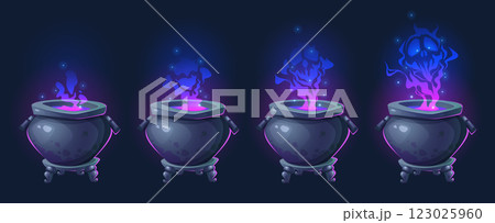Mystical cauldrons with blue purple glowing smoke Mystical cauldrons with blue purple glowing smoke 123025960
