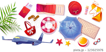 Summer travel bag, beach hat and stuff set cartoon 123025976