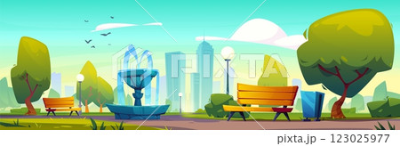 Downtown city park with garden, tree and bench 123025977