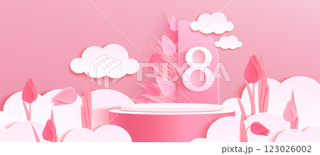 8 March banner with pink round podium and clouds 123026002