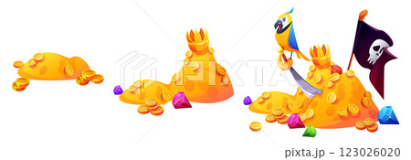Pirate treasure gold coin mounds with gems, crown 123026020