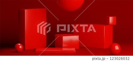 Minimalist geometric cube podiums in red studio 123026032