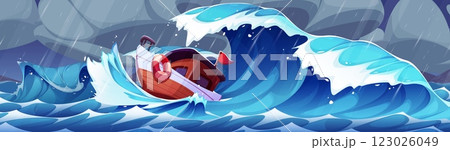 Cartoon boat in stormy sea Cartoon boat in stormy sea 123026049