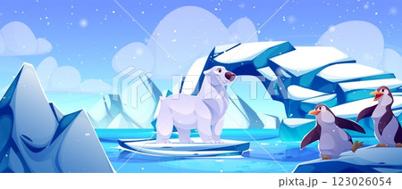 Cartoon polar bear and penguins on snowy arctic 123026054