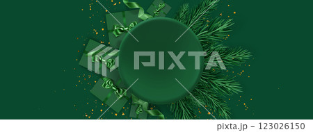 Green festive composition with circular podium 123026150