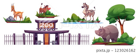 Zoo safari park elements - entrance and animals 123026162