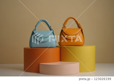 Chic handbags showcase eye-level minimalist photography with colorful pedestals 123026199