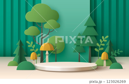 Cylinder platform surrounded by paper cut forest 123026269